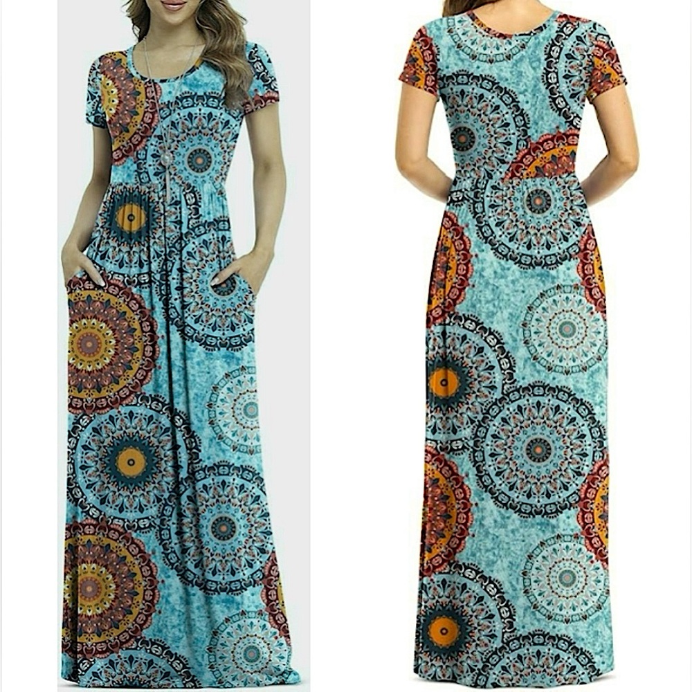 NWOT Empire Waist Short Sleeve Long Dress Pockets Summer Floral Maxi Dress